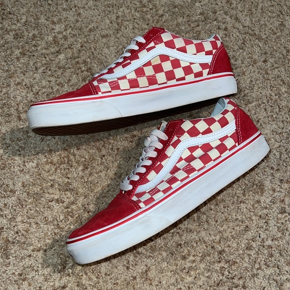 Vans Old Skool Red Canvas Suede Checkered Lace-Up Sneakers Skater Shoes - Picture 2 of 7